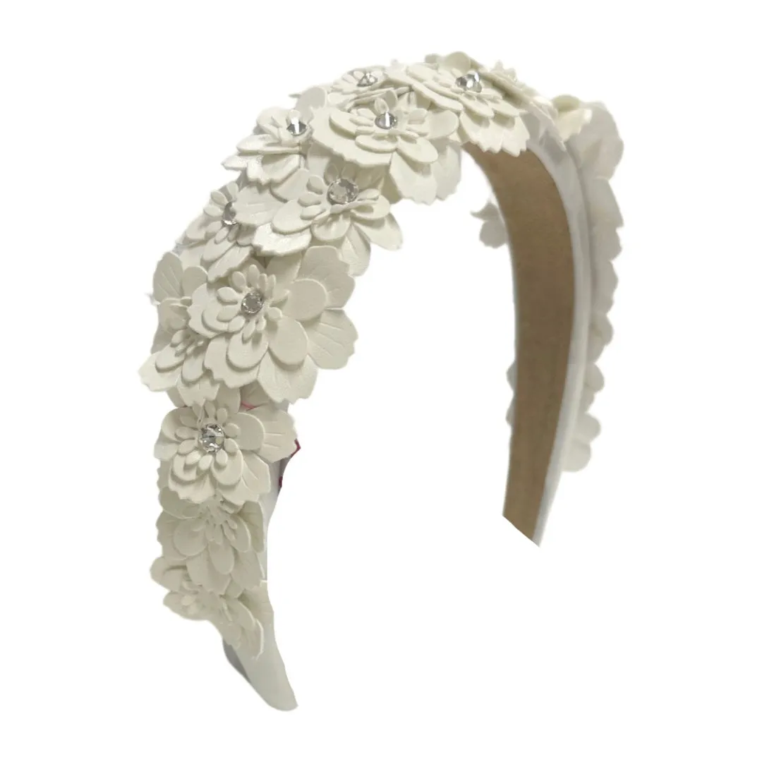 Bari Lynn Multi Leather Flower Crystal Embellished Headband - White