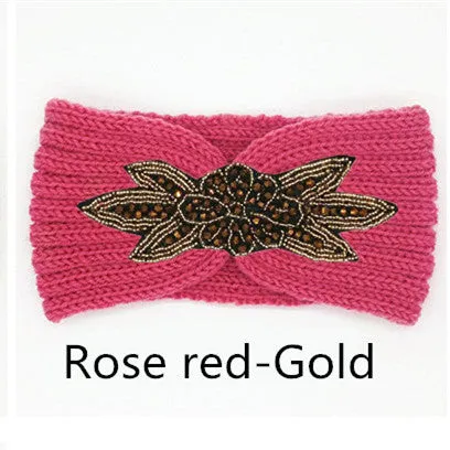 Boho Shiny Knitted Wool Headband for Women Girls Beaded Flower Turban Headbands Headwrap Winter Ear Warmer Hair Accessories