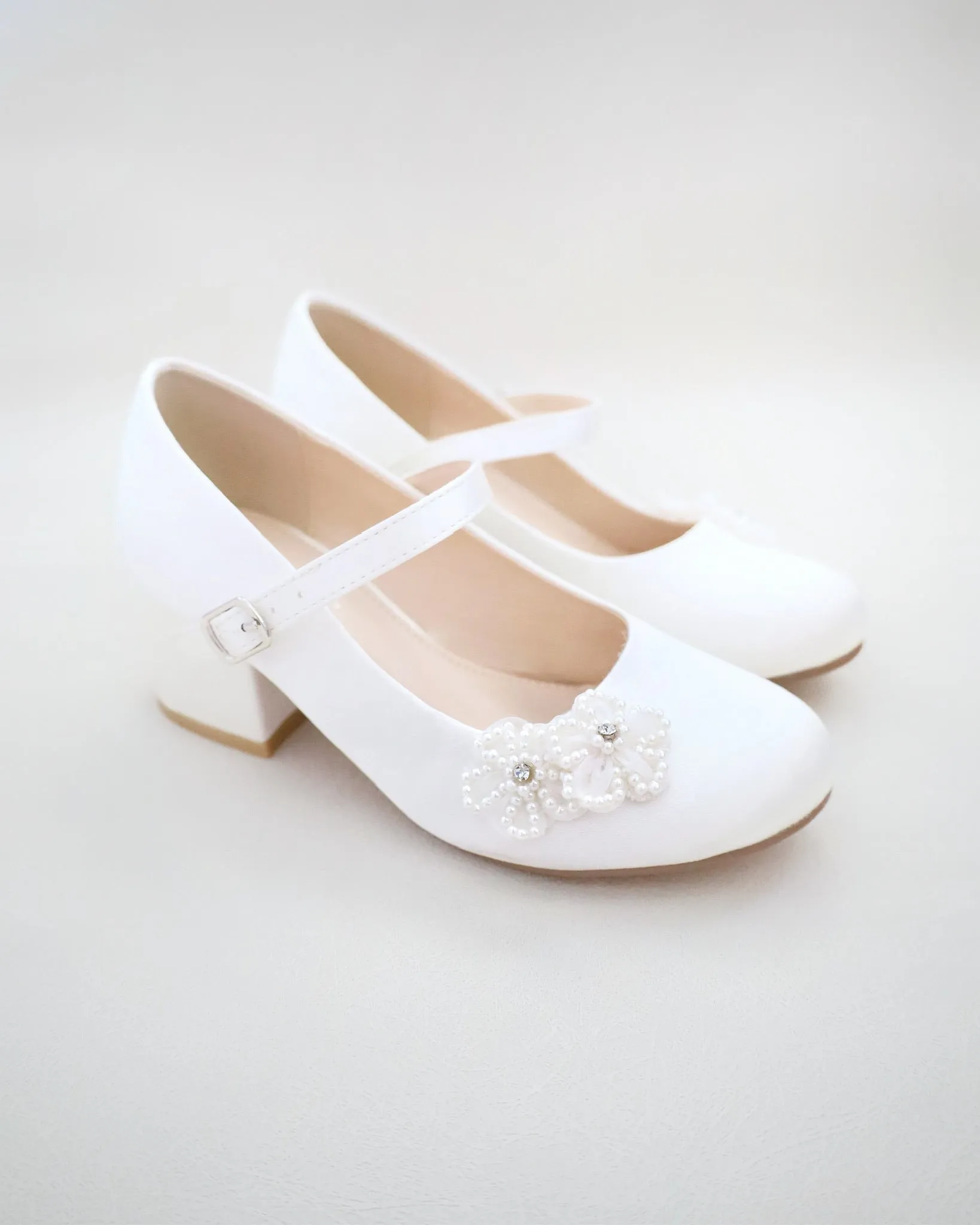 Girls Satin Mary Jane Block Heel with All Pearls Chassia Flowers