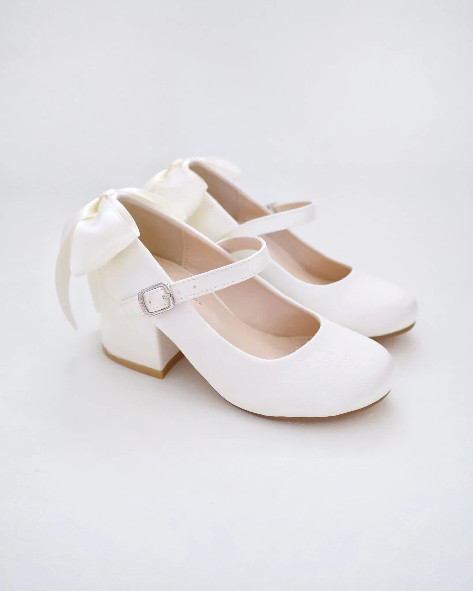 Girls Satin Mary Jane Block Heel with Back Satin Bow