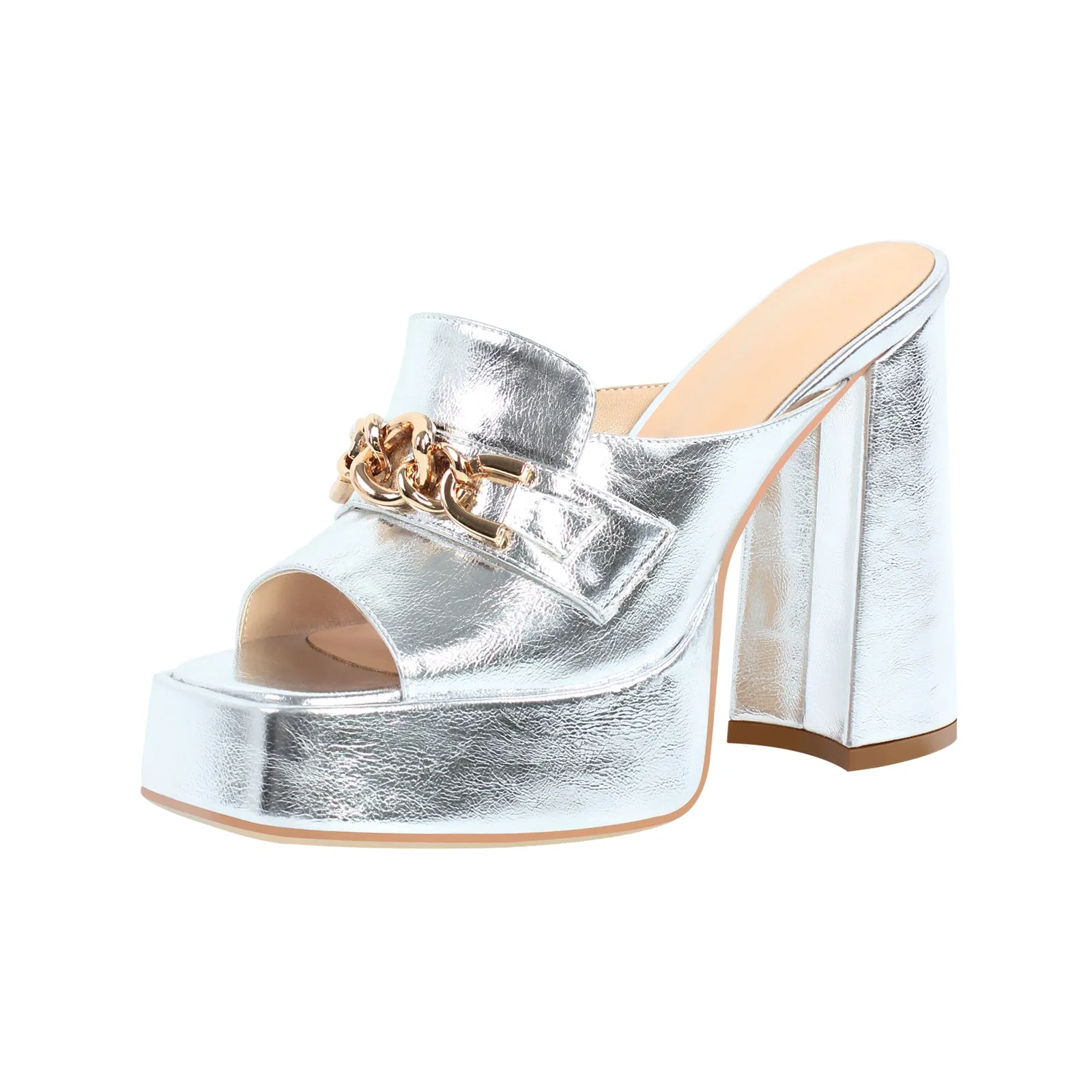 Metallic Chunky Heel Platform Slip-on Mule Sandals