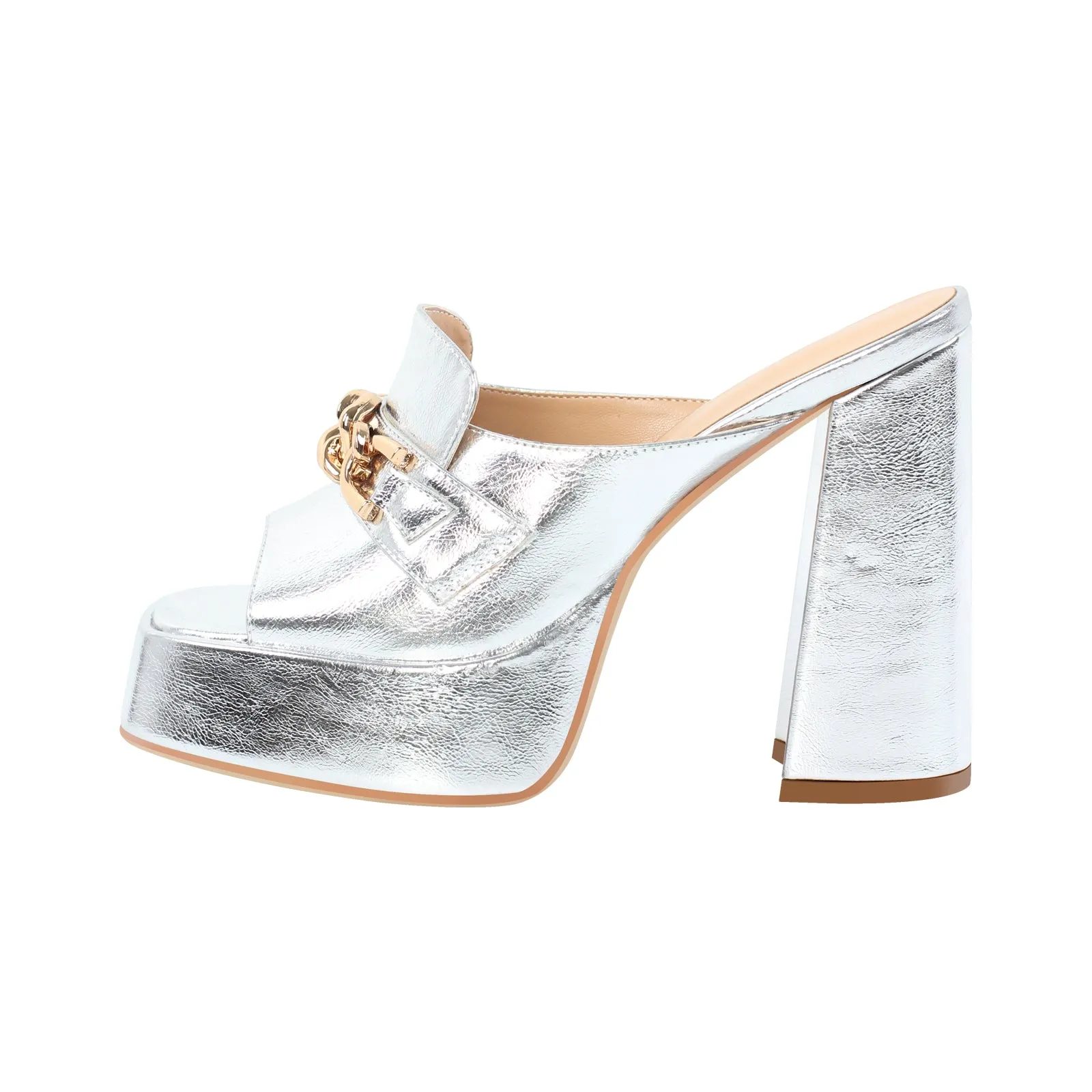 Metallic Chunky Heel Platform Slip-on Mule Sandals