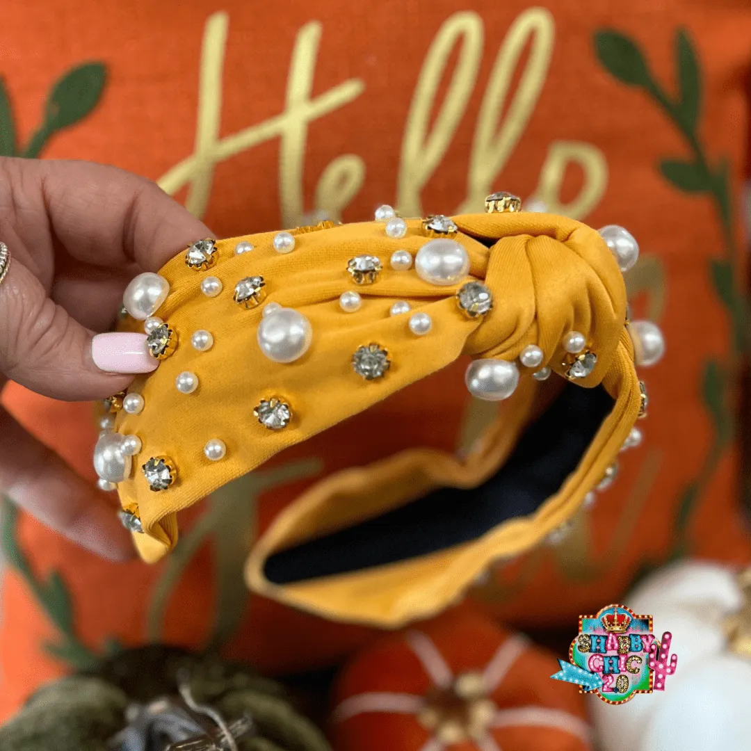 Mustard Headband with Pearls and Stones