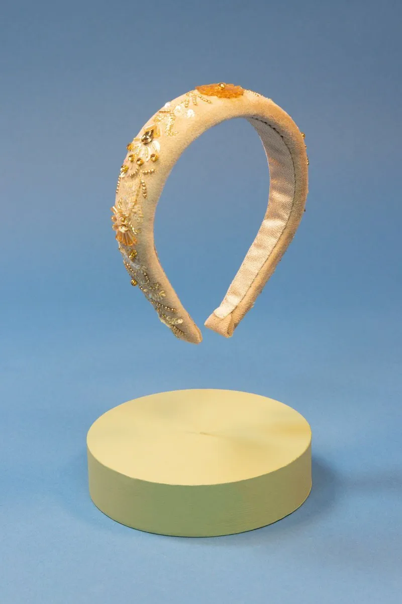 Powder Velvet Beaded Padded Headband Champagne