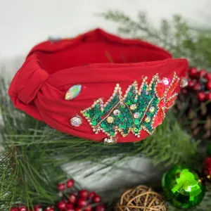 Red Headband with Beaded Christmas Tree