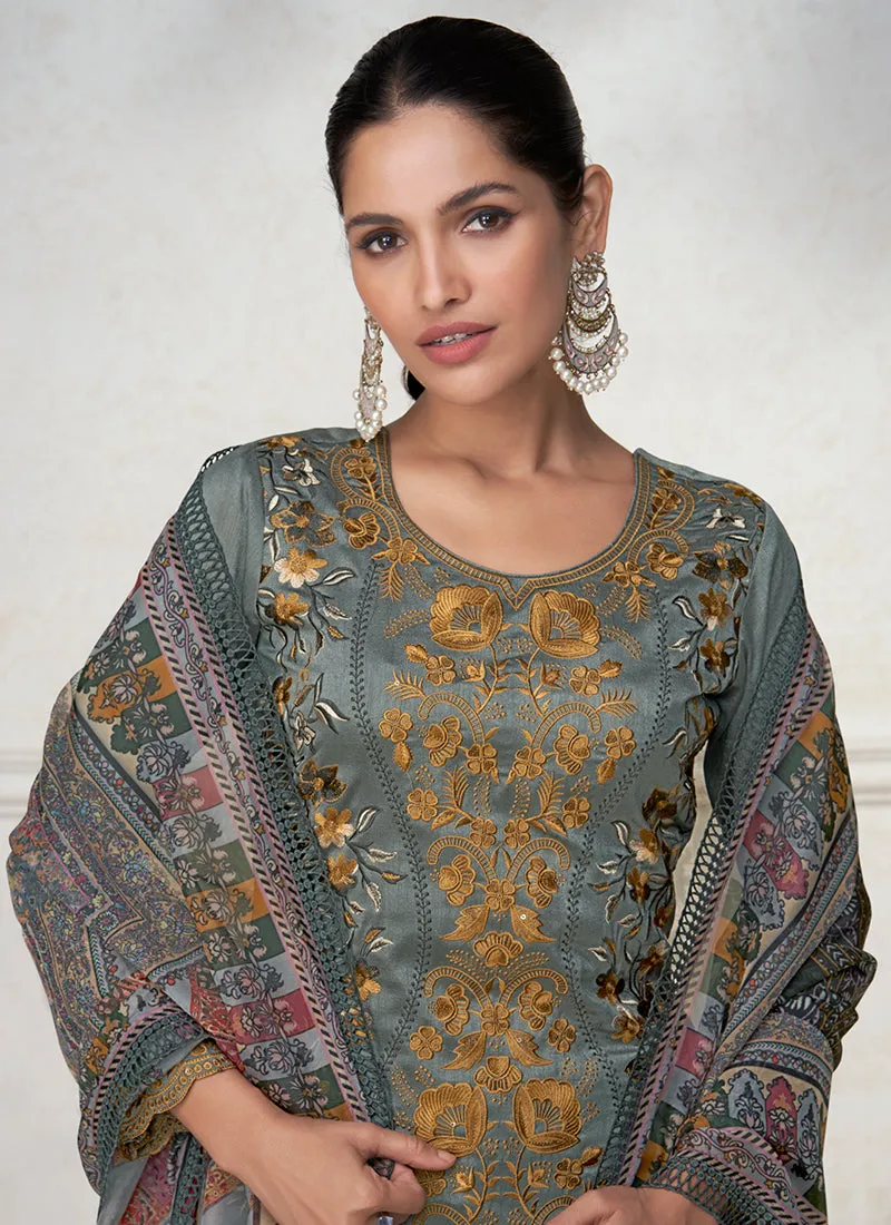 Sage Green Embroidery Silk Traditional Salwar Suit