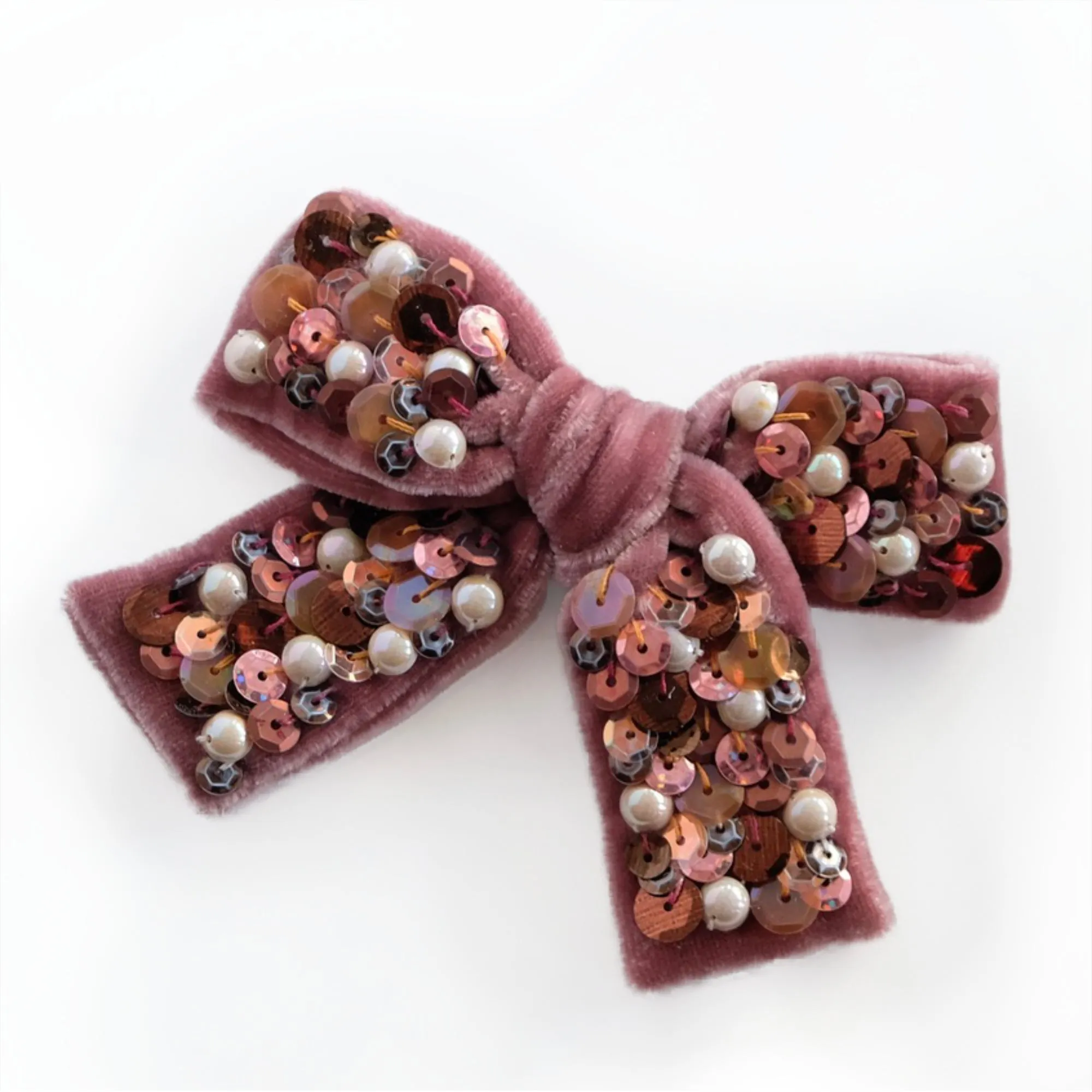 Velvet Hair Bow with Pear Beads and Sequins - Cocoa Bean