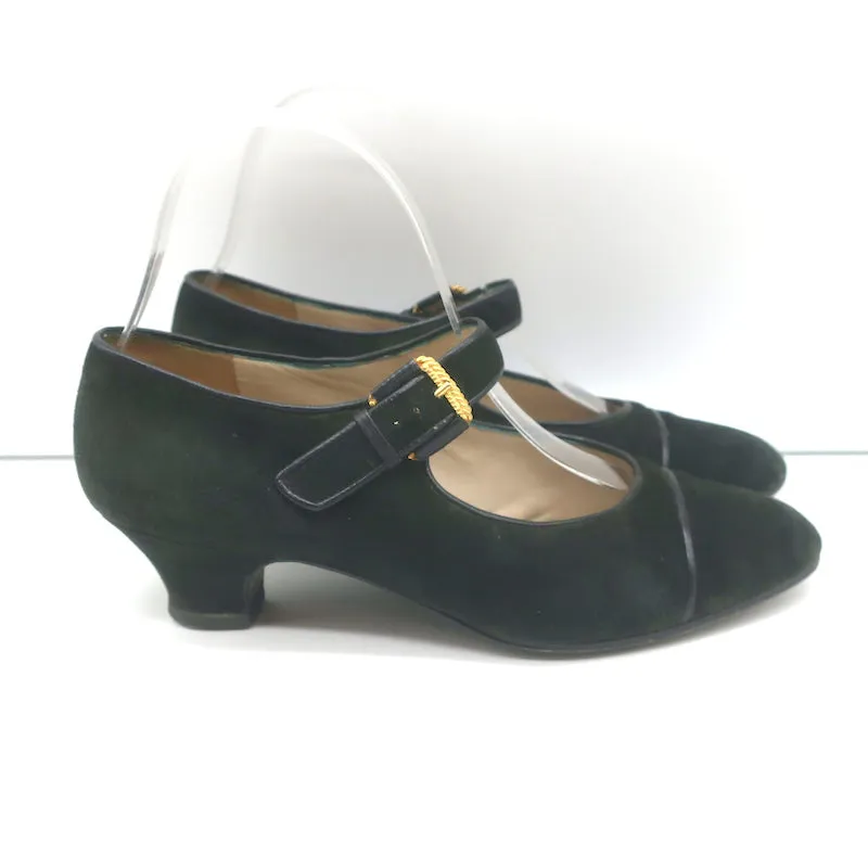 Vintage Chanel Cap Toe Mary Janes Black Suede Size 6 Kitten Heel Pumps