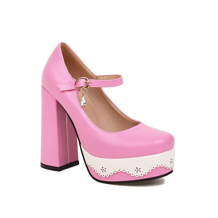 Women's Candy Color Mary Janes Block Heel Platform Pumps